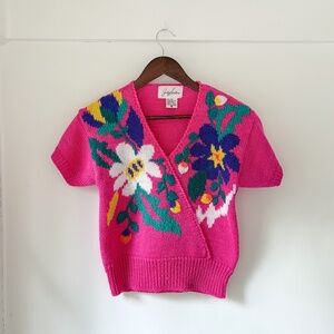 Vintage 80s Jaclyn Smith Knit Sweater Pink Floral Colorful Maximalist Size Sm